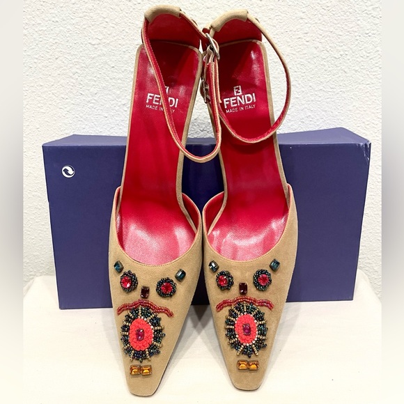 NWT FENDI Vintage Tan Beige Suede Jewel Bead Embellished Ankle